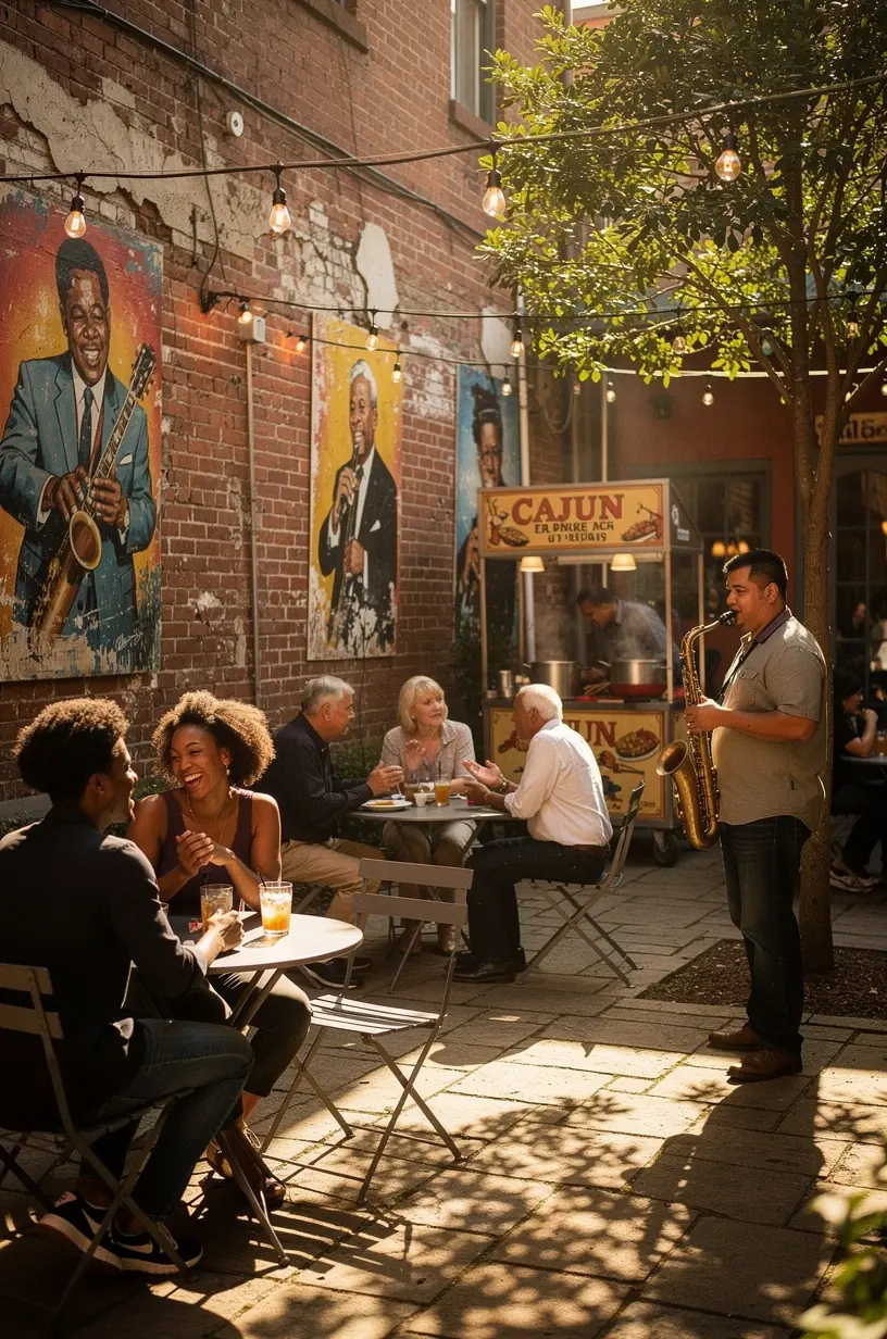 Close-up of traditional Southern cuisine featuring a colorful plate of regional specialties like gumbo and cornbread.